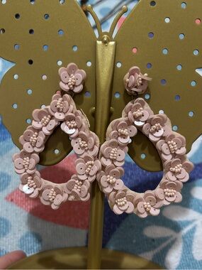Floral Sequin Hoop Earrings - Pink